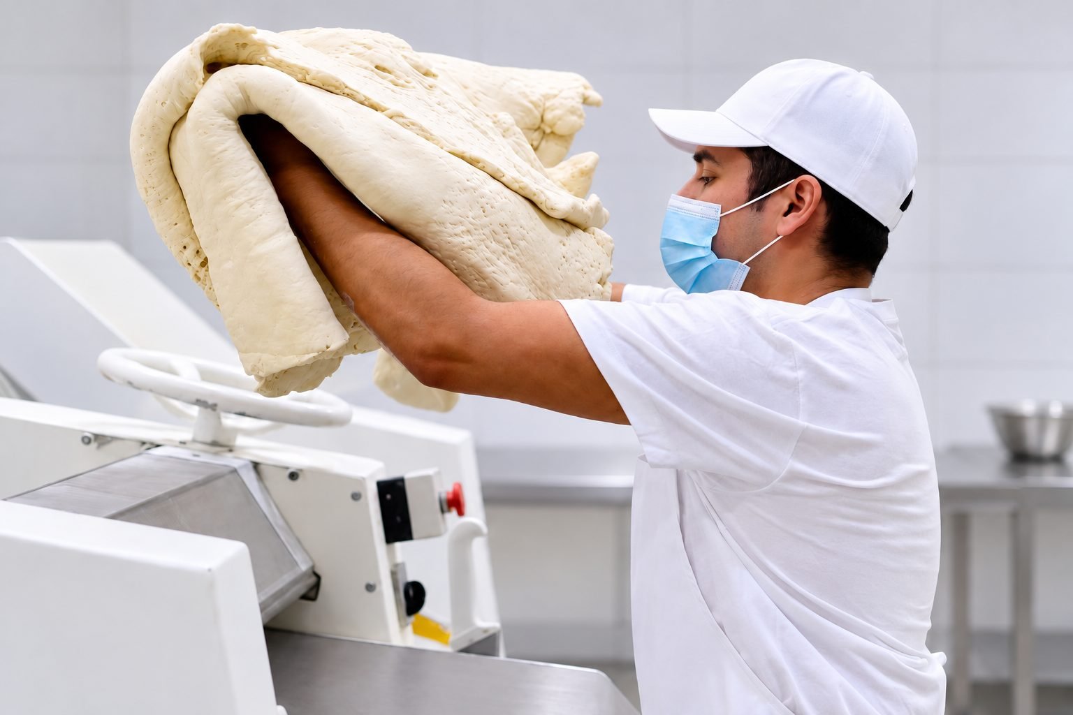 Panadero cargando masa en la laminadora